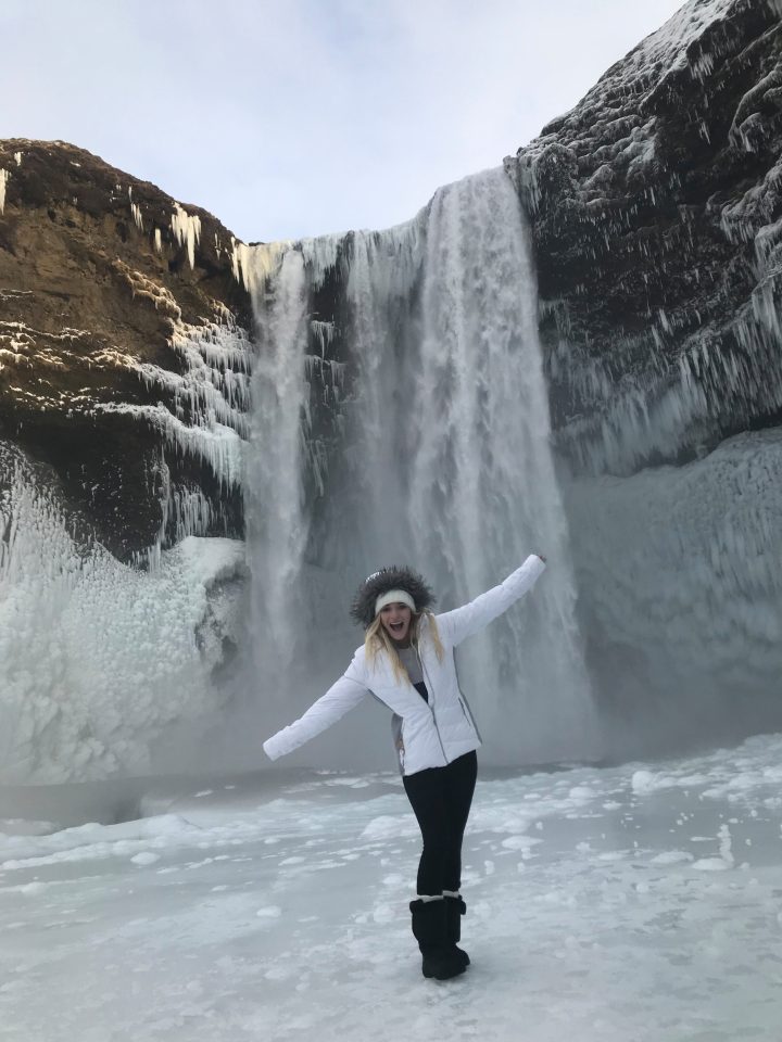  Becky at the spectacular Skogafoss waterfall and glaciers