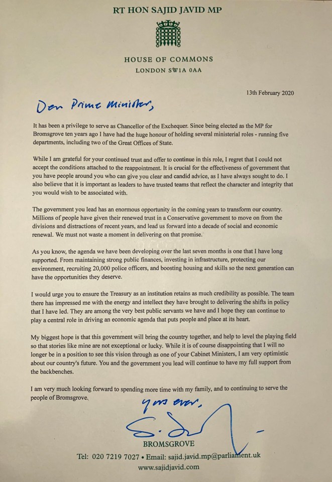  Mr Javid's resignation letter whe took an final shot at Boris