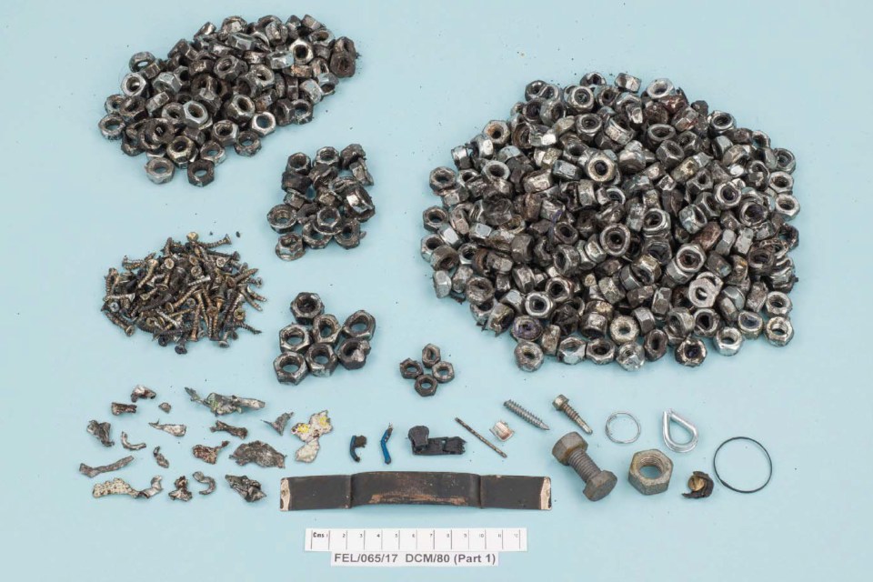  Pictures show the nuts and screws recovered from the Manchester bomb blast