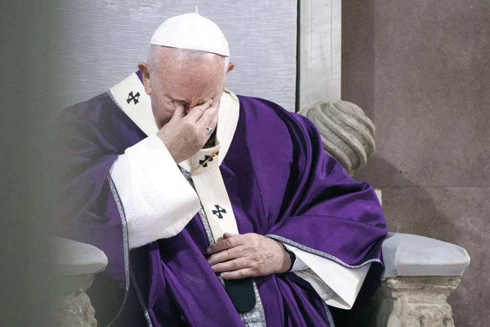  Francis appeared to be struggling during the service at St Peter's Basilica yesterday