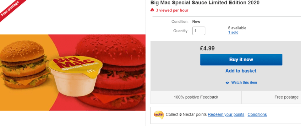  One eBay seller has been spotted selling the pots of Big Mac sauce for £4.99 a pop