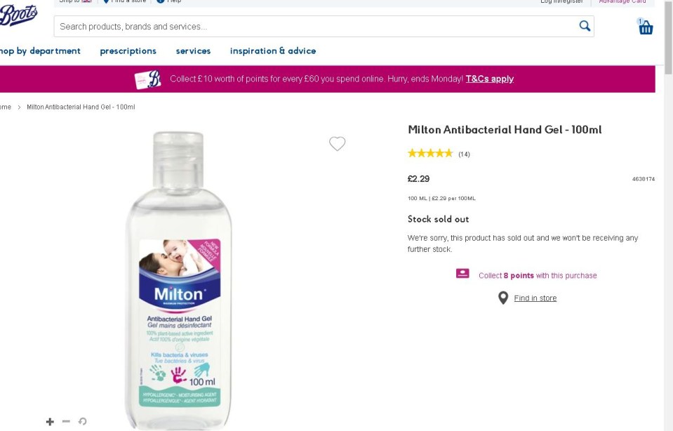 Boots was out of stock of this hand gel