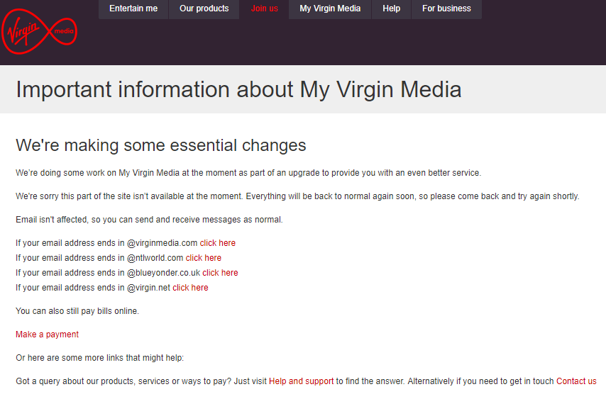  The Virgin Media service update page currently displays this message