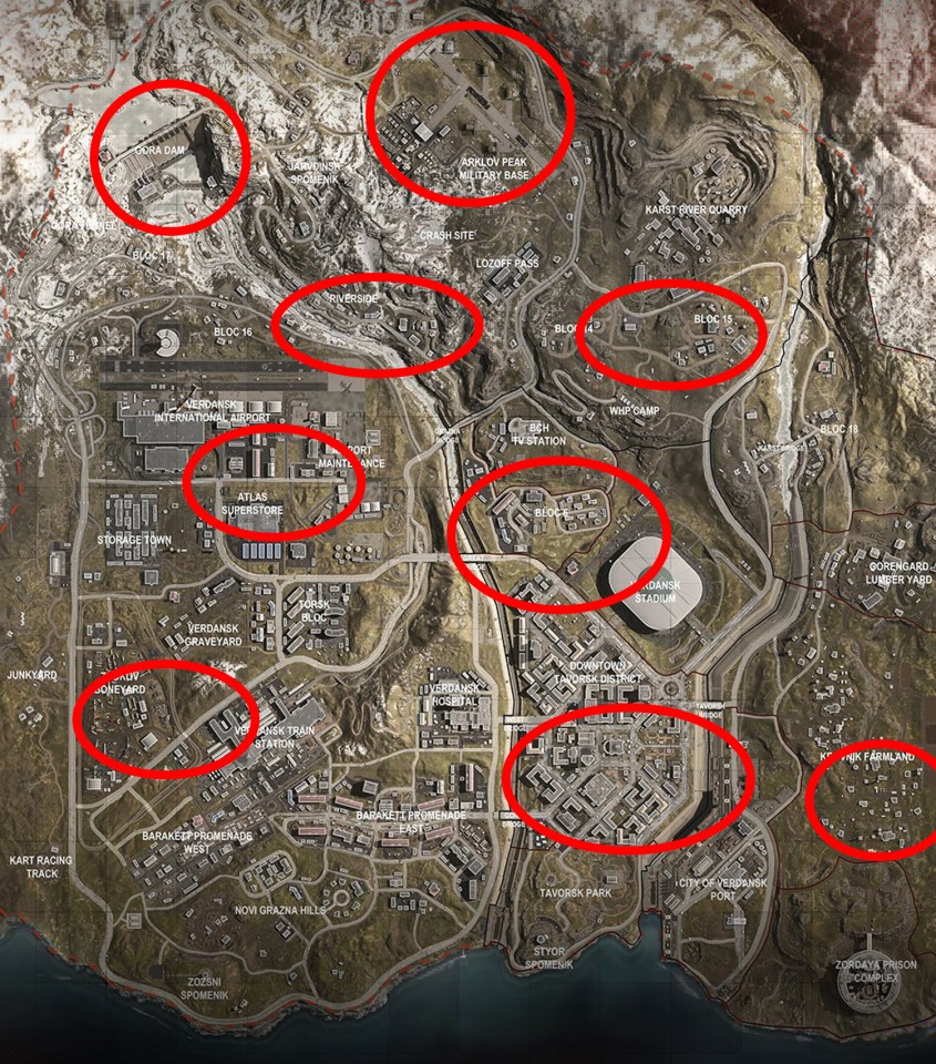 Here are some of the Warzone map’s busier areas