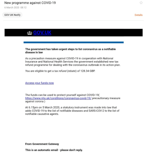  A scam e-mail has told people they are entitled to a tax refund to prepare for coronavirus