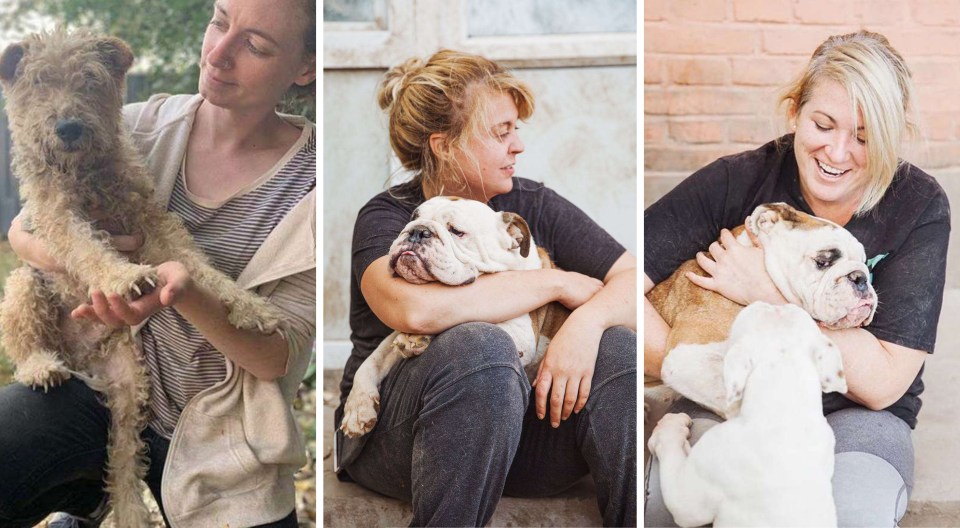  Emily with one of the dogs rescued from slaughter, left, alongside the team at Slaughterhouse Survivors