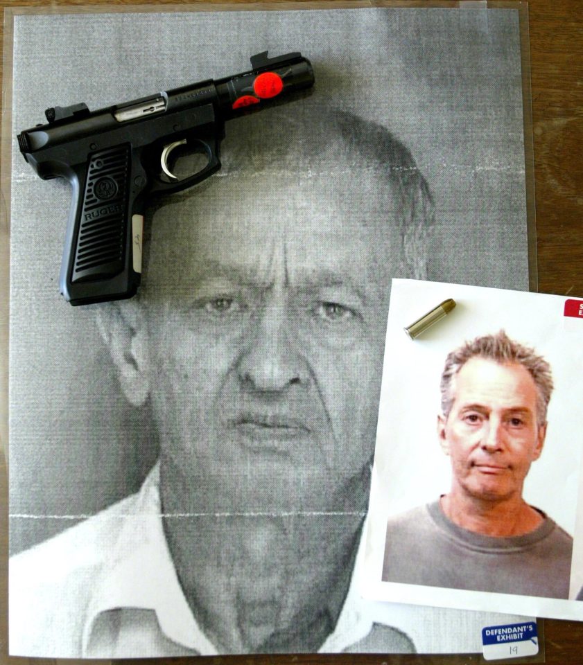  A black and white picture of Morris Black along with a colour photo of Robert Durst - and the pistol he used to shoot Black in the head