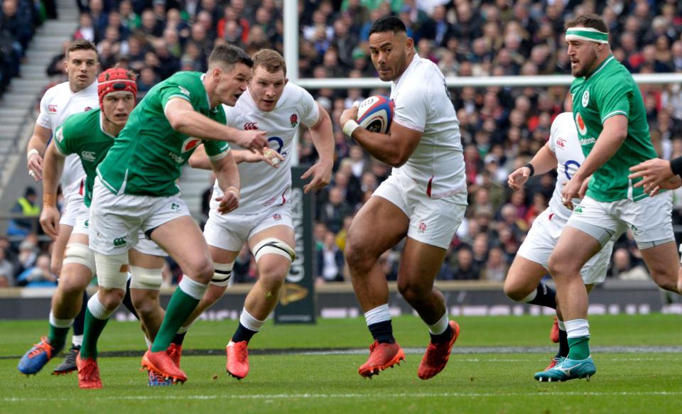 Rugby players in action during an England vs. Ireland match.