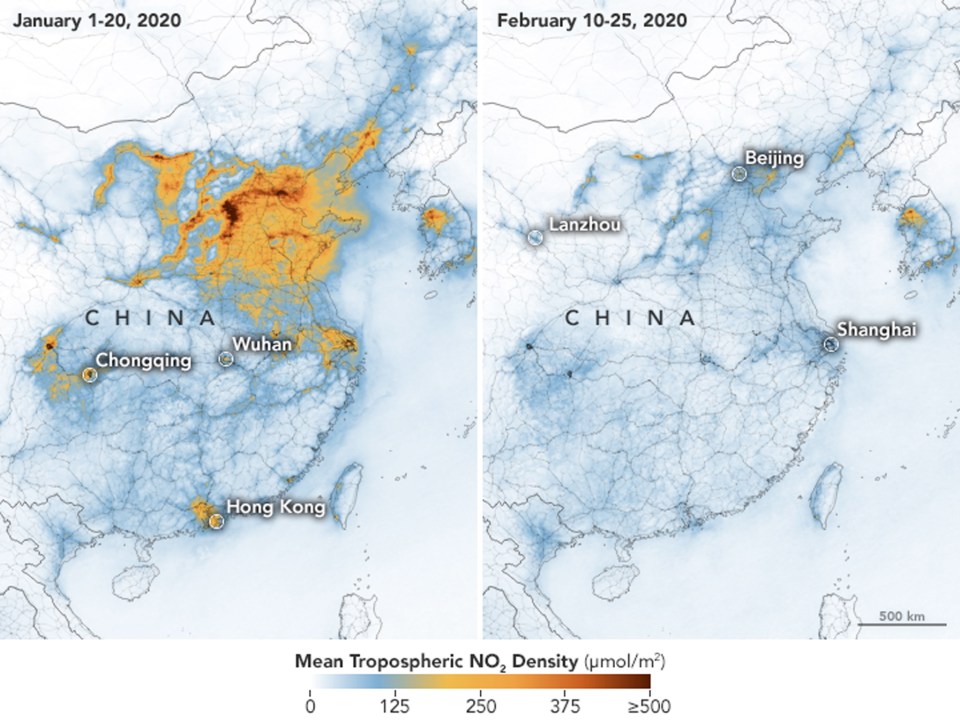  NASA's maps showing the concentrations of nitrogen dioxide (NO2) over China between January 1 2020 (left) and February 25 2020