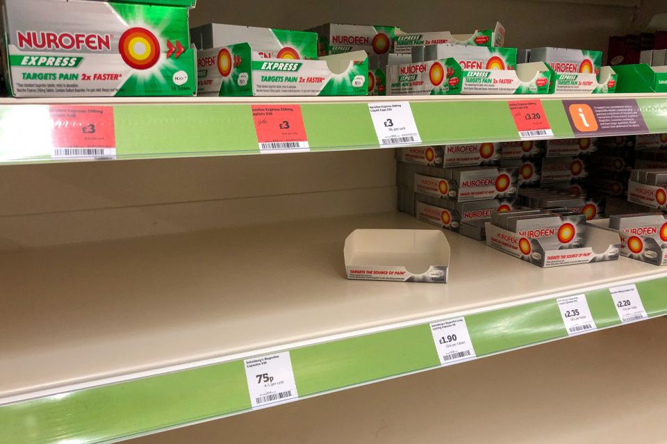  A shelf of ibuprofen on the shelves at a Sainsbury's supermarket in Cambridge lay bare