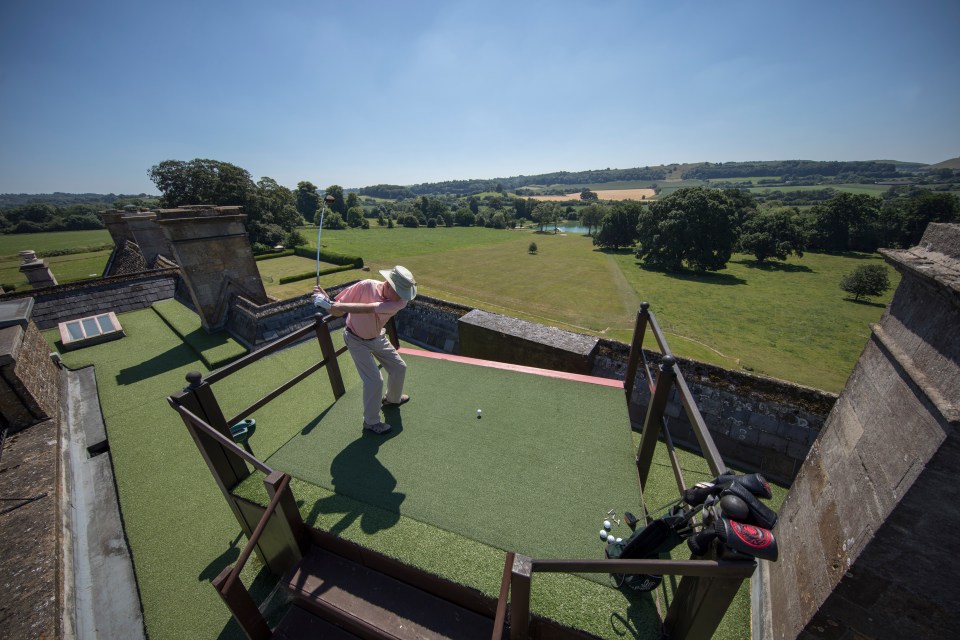 A golf course features a tee from the roof