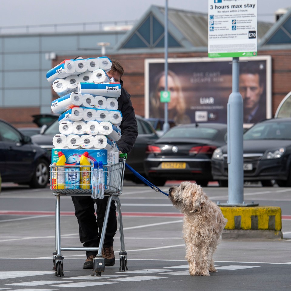  Man emerging from the shop with at least 96 rolls - even his dog clearly thinks he’s lost the plot