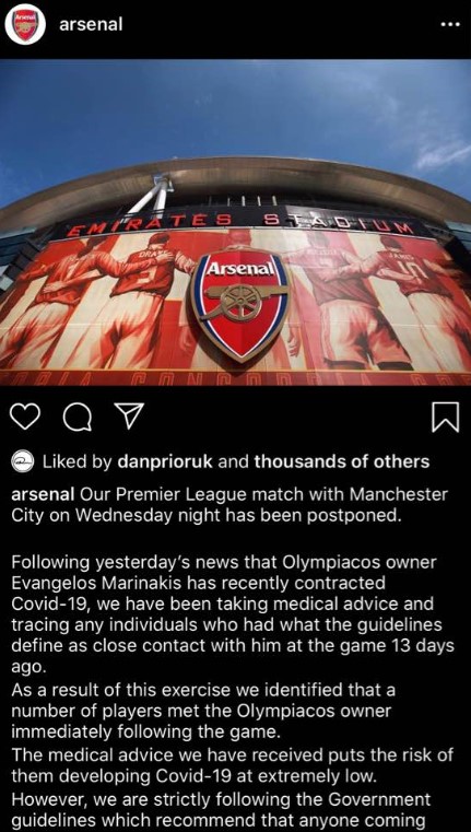 Arsenal posted a statement on Instagram