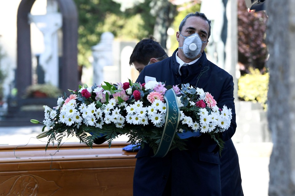  Cemetery workers and funeral agency workers in protective masks transport a coffin in a cemetery in Bergamo