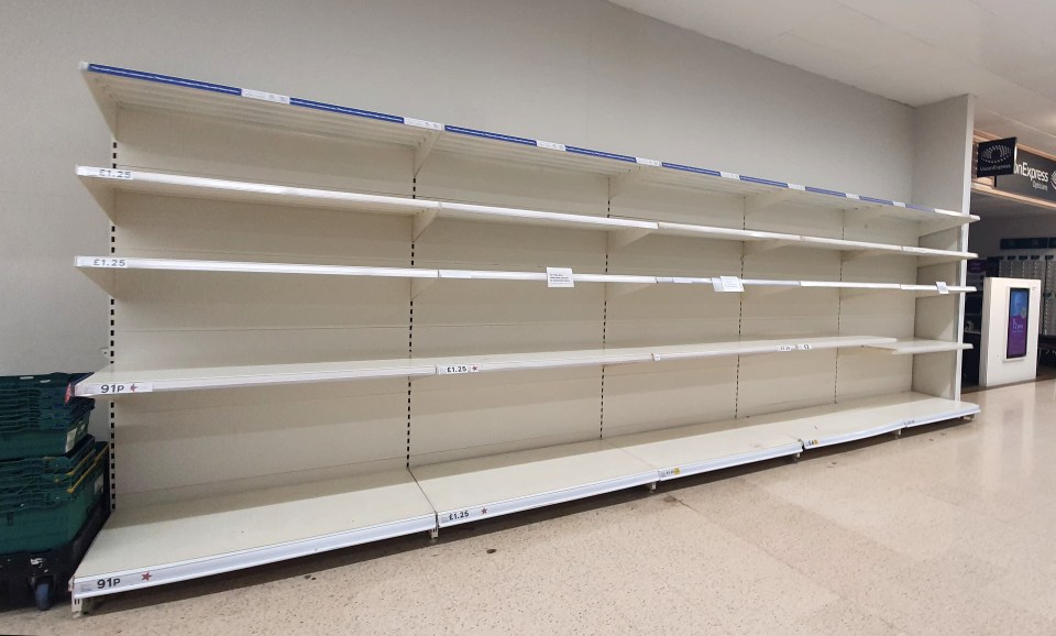  Empty shelves at a Tesco superstore in Kent in March