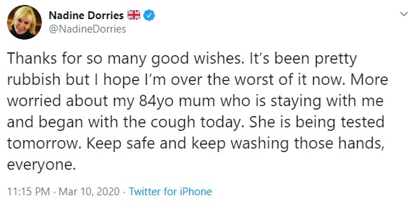  She said on Twitter she was 'over the worst' but feared for her elderly mother