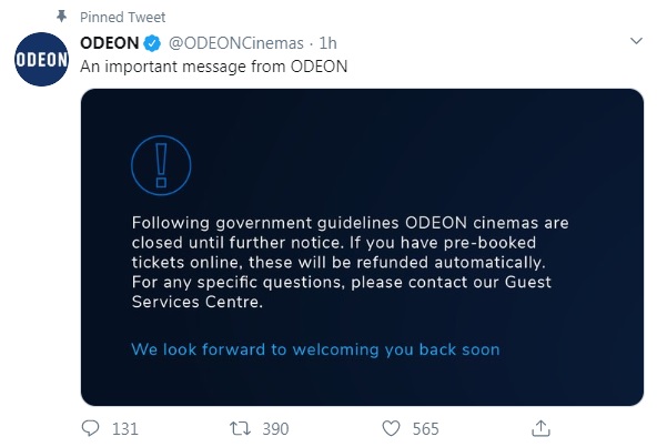 Odeon has closed cinemas across the UK “until further notice”