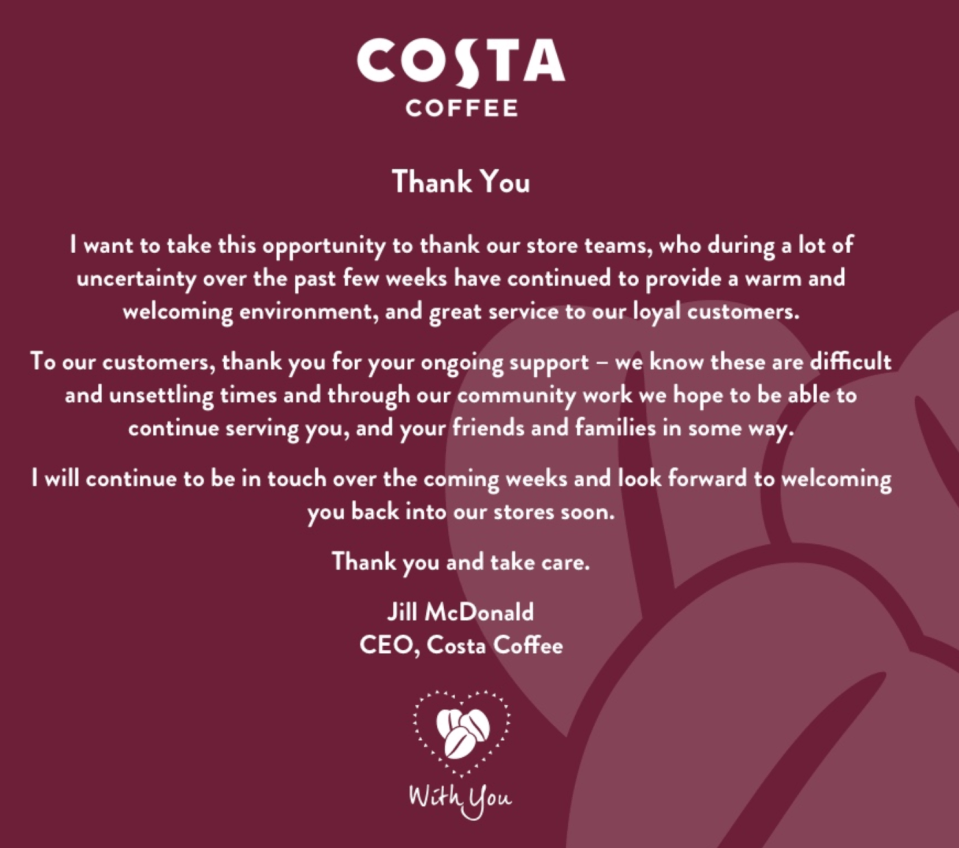  The boss of Costa Coffee posted the following statement on Twitter