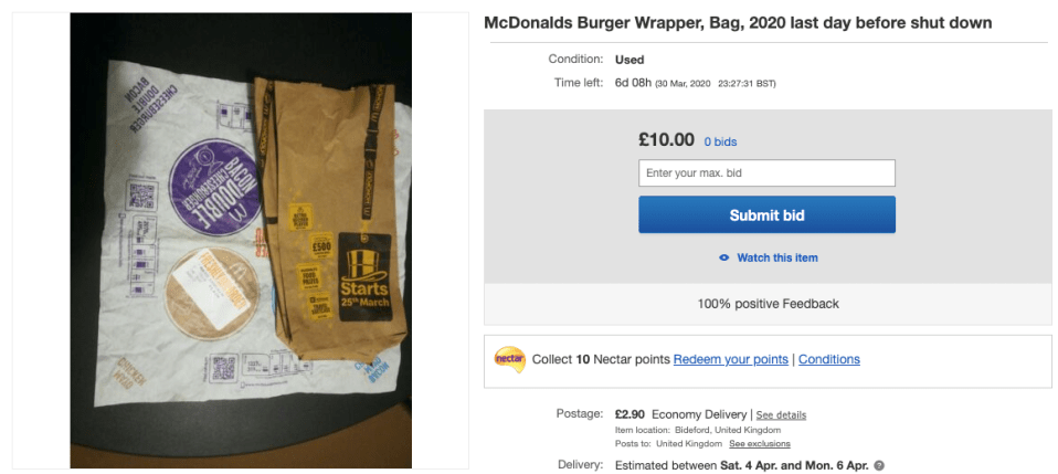  For £10, buyers can purchase a burger wrapper and bag