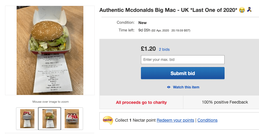  One person is selling a Big Mac on eBay with all of the proceeds being donated to charities that support the NHS