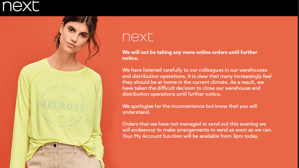  Next has temporarily shut down its website to keep warehouse staff safe