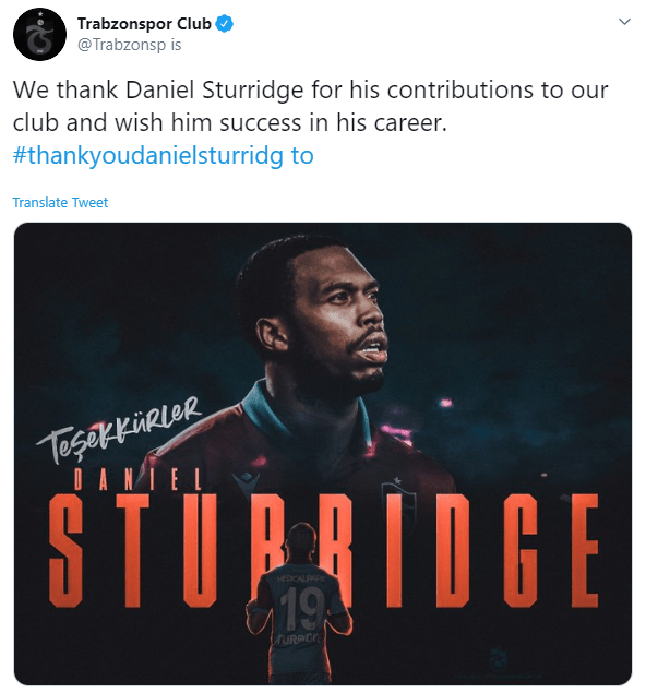 Trabzonspor tweeted to confirm the departure of the former England striker and thanked him for his efforts