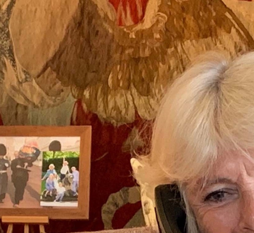 Behind Camilla is a huge tapestry which looks like it covers the entire wall