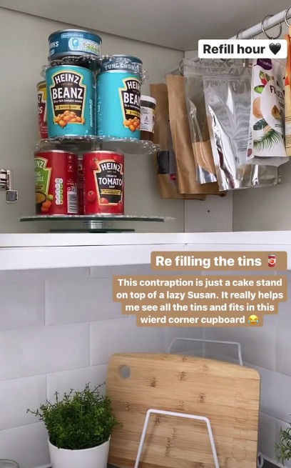 Stacey uses a lazy Susan and cake stand to store her baked beans and tinned tuna