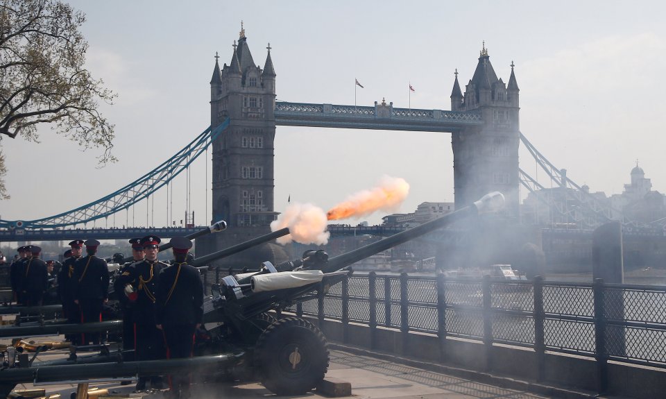  Members of the Honourable Artillery Company fire a 62-gun salute across the River Thames to mark the 92nd birthday of Britain's Queen Elizabeth, at the Tower of London