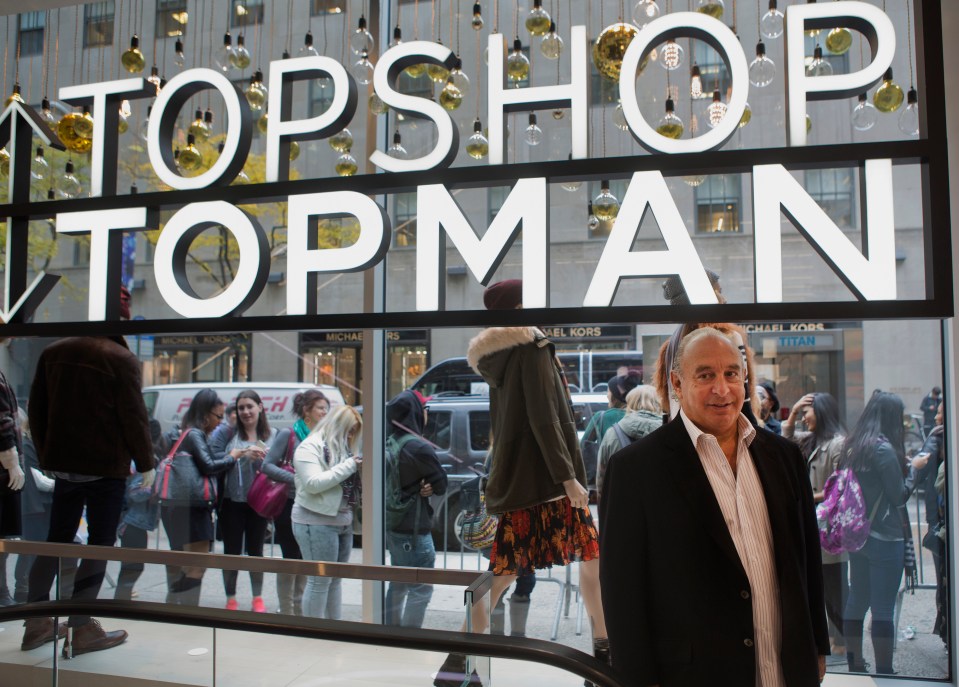 Sir Philip Green in front of Topshop store