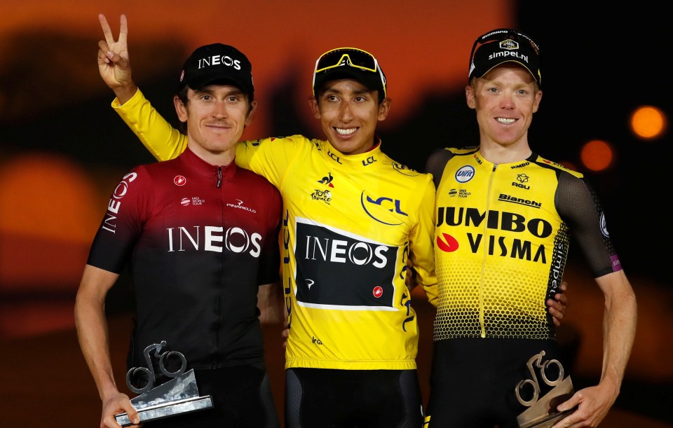  Egan Bernal, middle, won the 2019 race while Geraint Thomas, left, became the third British winner with his 2018 success