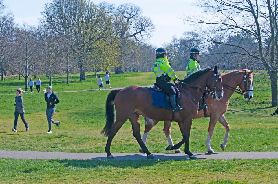 Mounted police on patrol in Greenwich Park, London as temperatures are set to soar