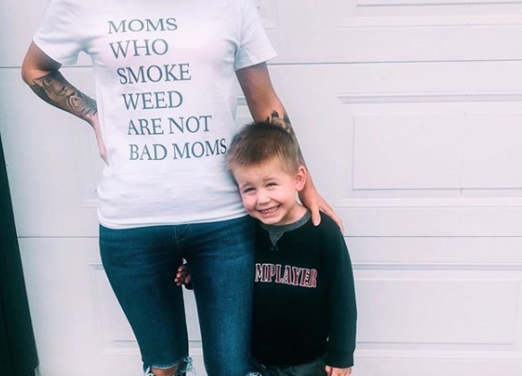 The mum posed in a T-shirt defending her marijuana use amid the coronavirus crisis