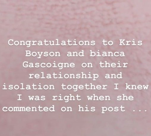  Katie Price congratulated her ex Kris Boyson today on his relationship with Bianca Gascoigne