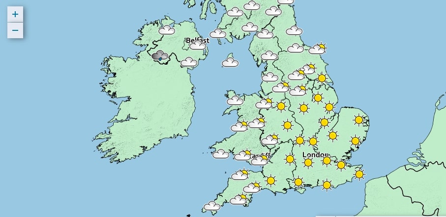 The Met Office map shows sun across the South of England on Sunday afternoon