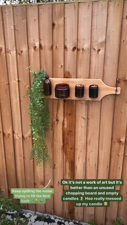  She recently created a bird bath using old candle jars and a chopping board