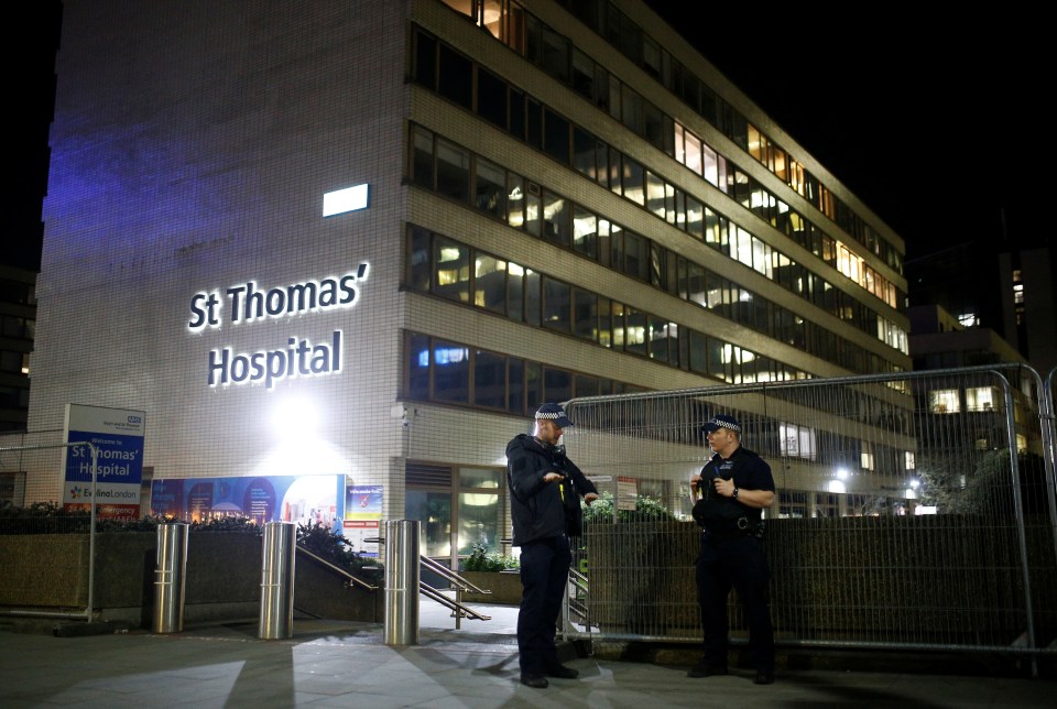 Police officers shown outside St Thomas’ Hospital, where the prime minister is being treated