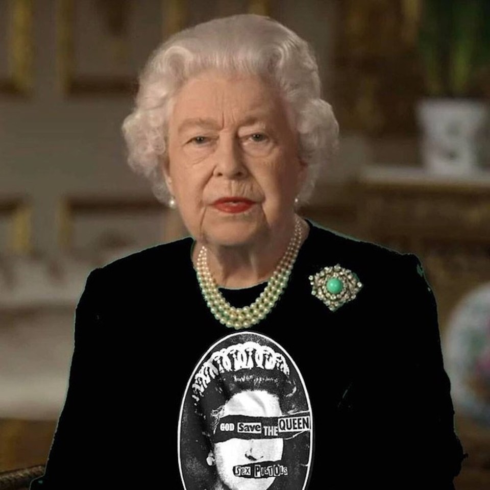 The Queen is mocked up to wear the Sex Pistol's iconic imagery featuring her face