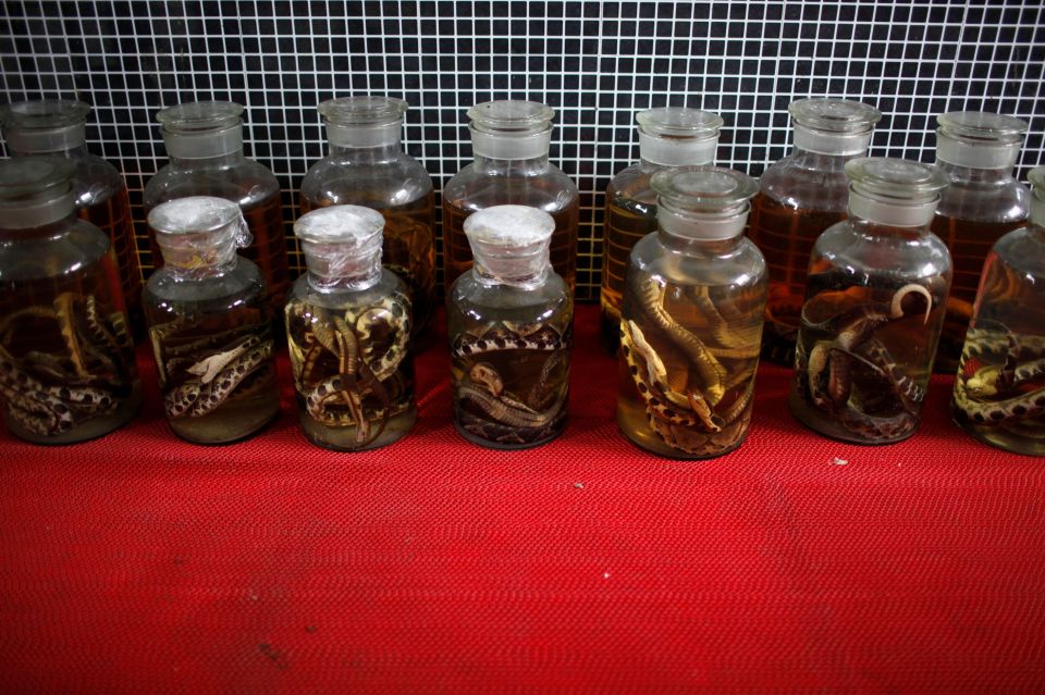  Dead snakes are preserved in jars at a snake farm in Zisiqiao on February 23, 2013