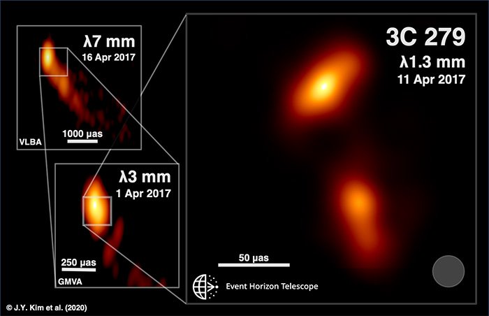  The stream of excited gas or plasma spewing from the black hole can be seen here