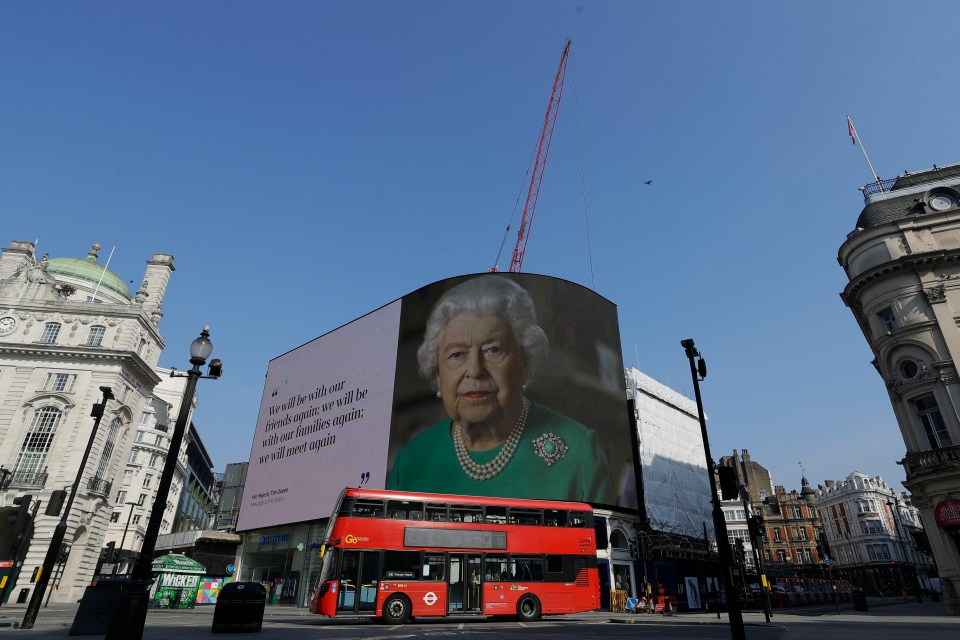  The Queen's rallying cry to Brits has been displayed in Piccadilly Circus