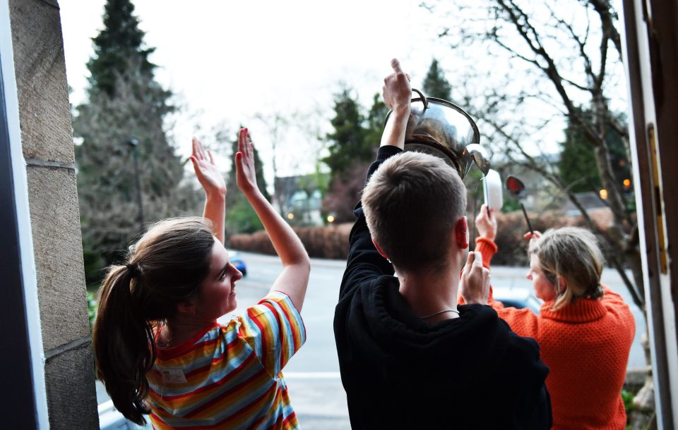  A family in Ilkley, in West Yorkshire, clap for the NHS heroes tonight