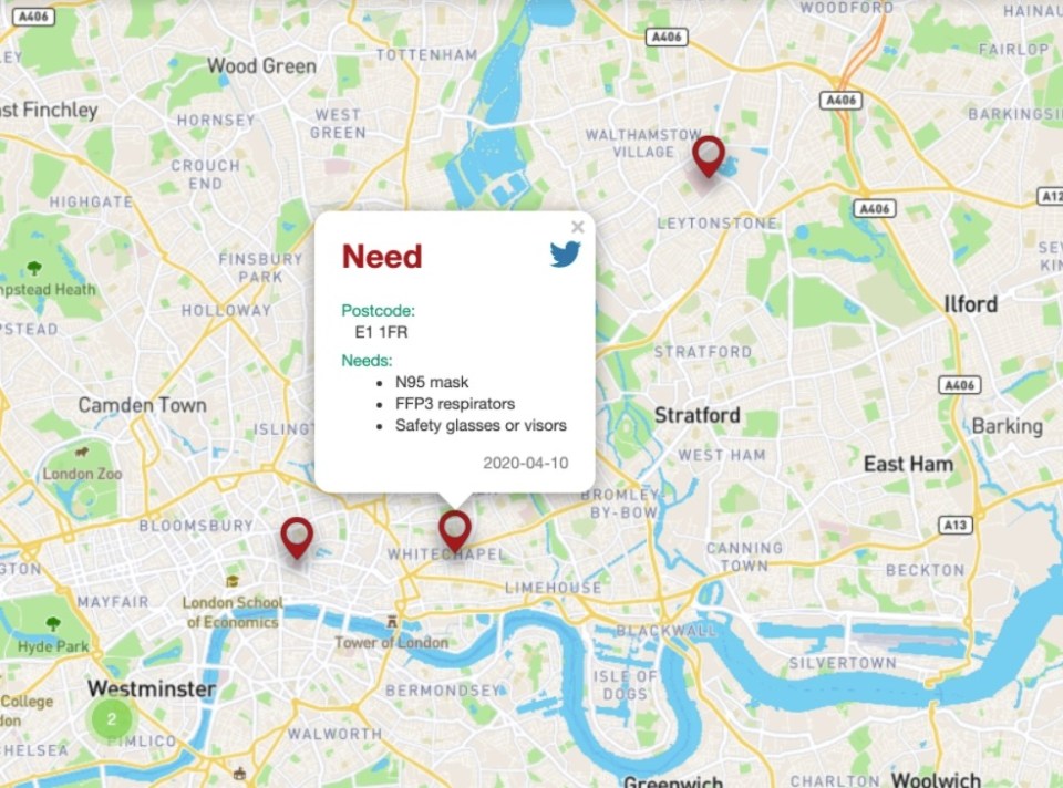  The platform invites healthcare workers to tweet their needs and the post code of the building or hospital they work in