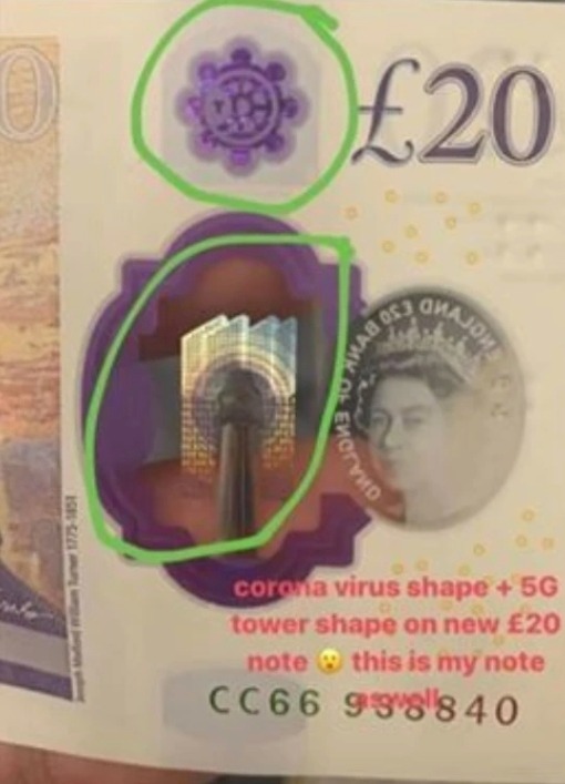 Theorists believe the round purple foil patch is the symbol of coronavirus while the tower on the note, which is actually Margate Lighthouse, is a 5G tower giving off radiations. 