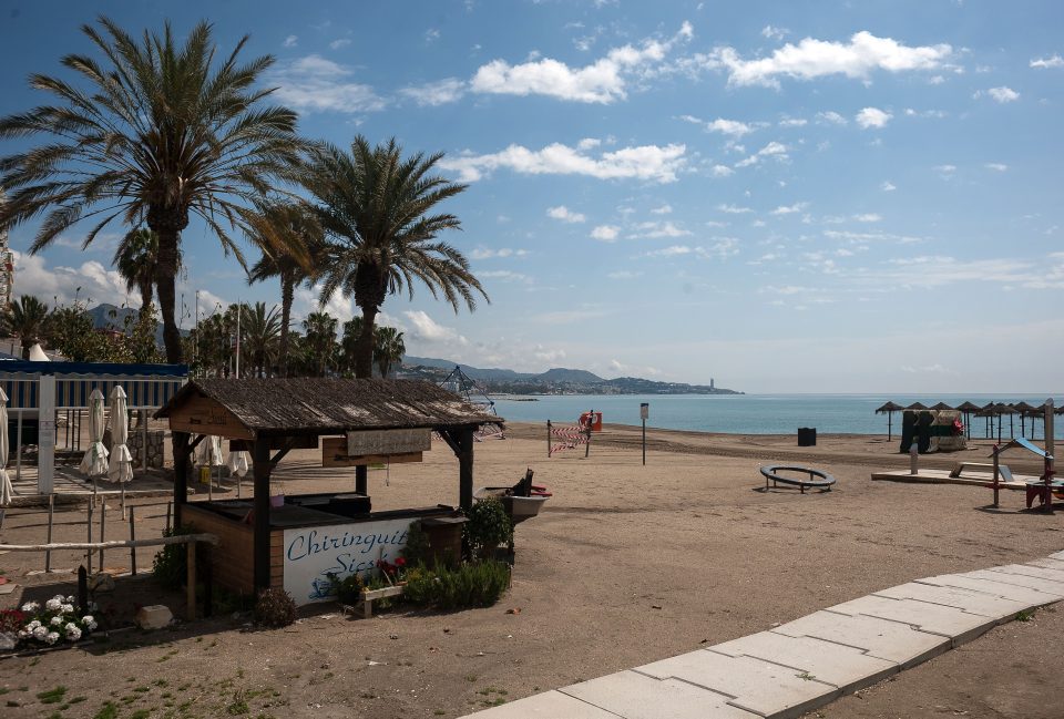  A deserted Malagueta beach in Malaga, Spain during lockdown