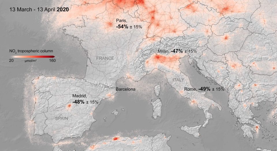  An image showing nitrogen dioxide levels over Europe over the last month