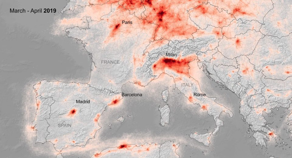  An image also showing nitrogen dioxide but from the same period last year