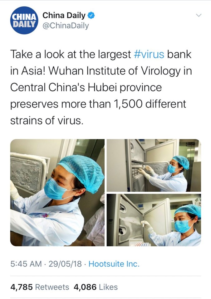 This tweet was sent out in 2018 showing a store where 1,5000 virus samples are kept