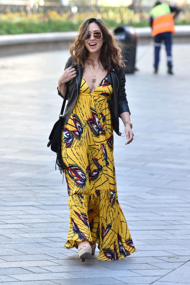  Myleene Klass made a colour fashion statement in a bold plunging maxi-dress