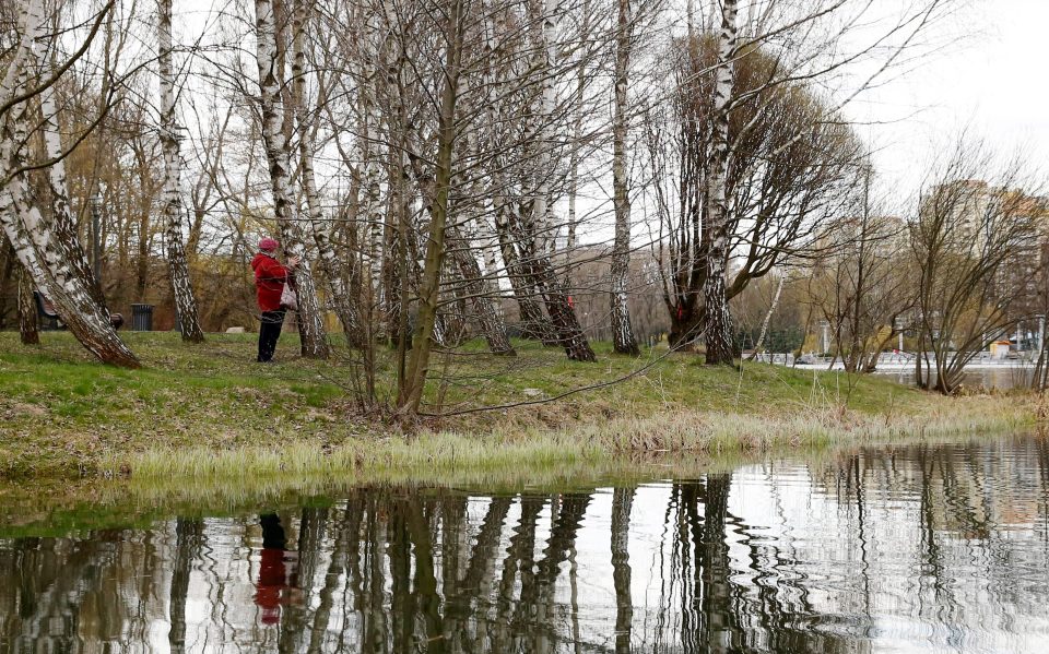 A woman hugs a tree in a a deserted park to mark Earth Day